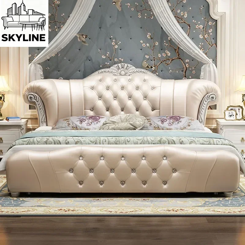 

Wood Modern Bed Luxury Leather Classic Wedding Bed European Confortable Safe Camas De Dormitorio Bedroom Furniture