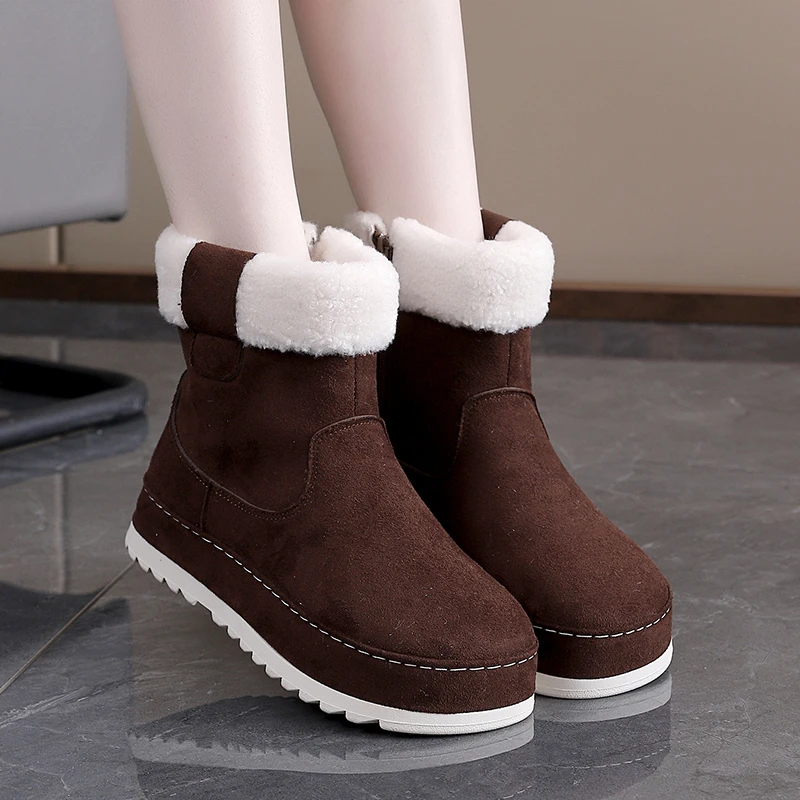 الشتاء المرأة أحذية الثلوج سميكة الدافئة سستة حذاء من الجلد موضة أفخم ذات حواف الجوارب الرجعية الجلد المدبوغ الصوف مبطن أحذية قطنية #3