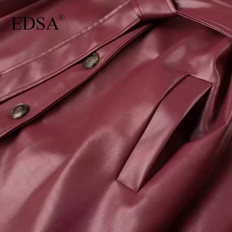 EDSA Women Luxury Faux Leather Jacket Coat with Belt for Autumn Winter Loose Long Windbreaker Trench Vintage Outerwear