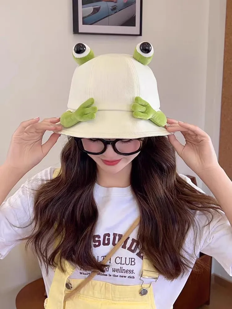 2024 New Cute Big Eyes Frog Bucket Hats Outdoor Foldable Sun Fishing Cap Women Lady Summer Cotton Wild Panama Hats