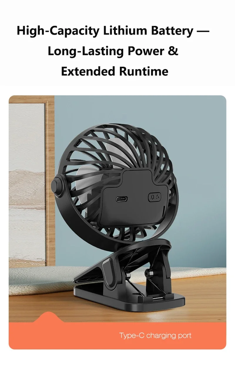 Portable Mini Cooler Fan 720°Rotatable Clip Fan Built In Night Lamp USB Rechargeable Personal Fan For Outdoor Camping Ventilador