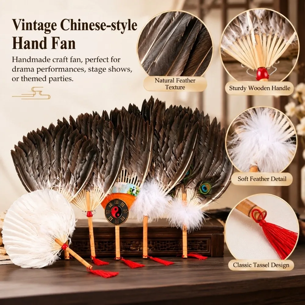 Handmade Vintage Feather Fan Multistyles Photography Props Craft Hand Fan Plastic Portable Goose Feather Fan