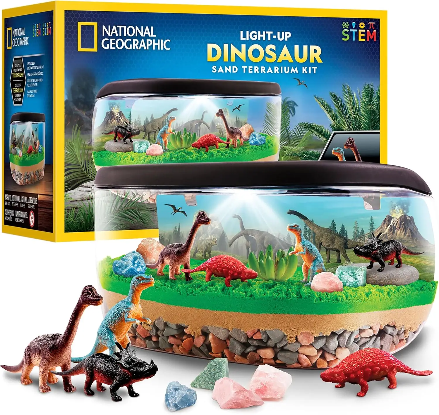 

Light-Up Dinosaur Terrarium Kit for Kids – Build a Prehistoric Habitat with Sand, Gems & Figures, Science Activity for Boys & Girls