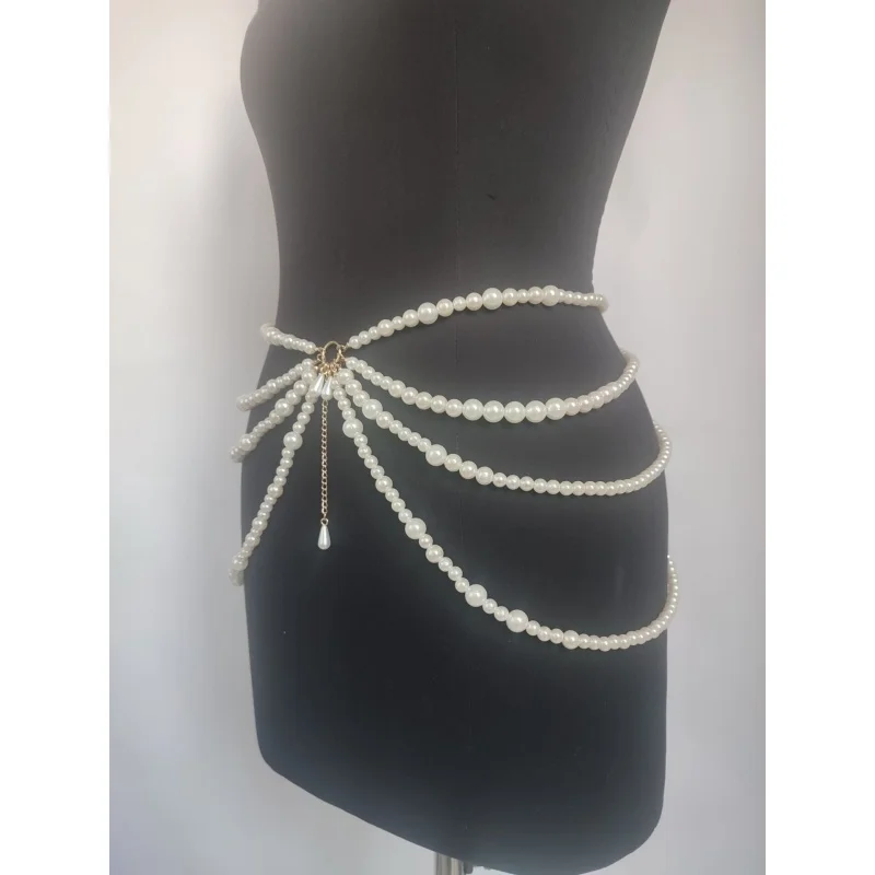 Mehrschichtige Kunstperlen-Taillenkette für Damen, verstellbarer Quasten-Perlen-Körpergürtel, Braut-Hochzeitskleid-Taillengurt, Party-Körperkette – Detail 5