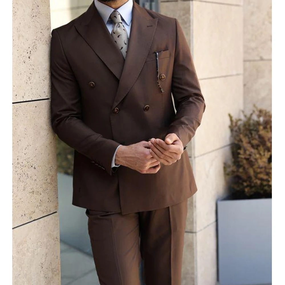 Luxury Solid Suits for Men Dark Brown Elegant Office Work Business Casual Outfits Fashion Suits Slim Two Piece (Blazer+Pants)