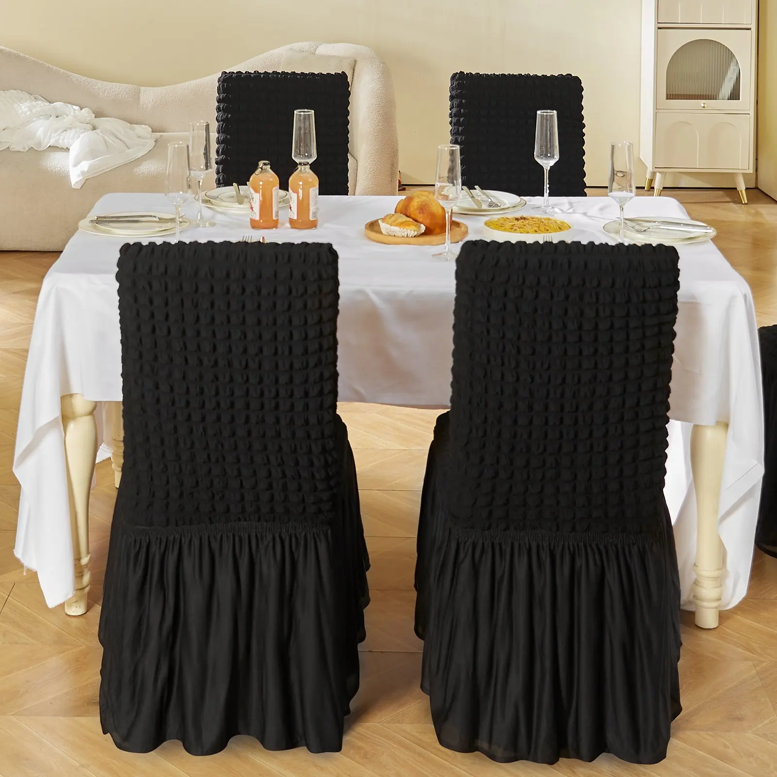 

4 PCS Black Folding Chair Covers Universal Fitted Chair Cover w/Skirt Removable Washable for Wedding/Banquet/Celebration/Dining