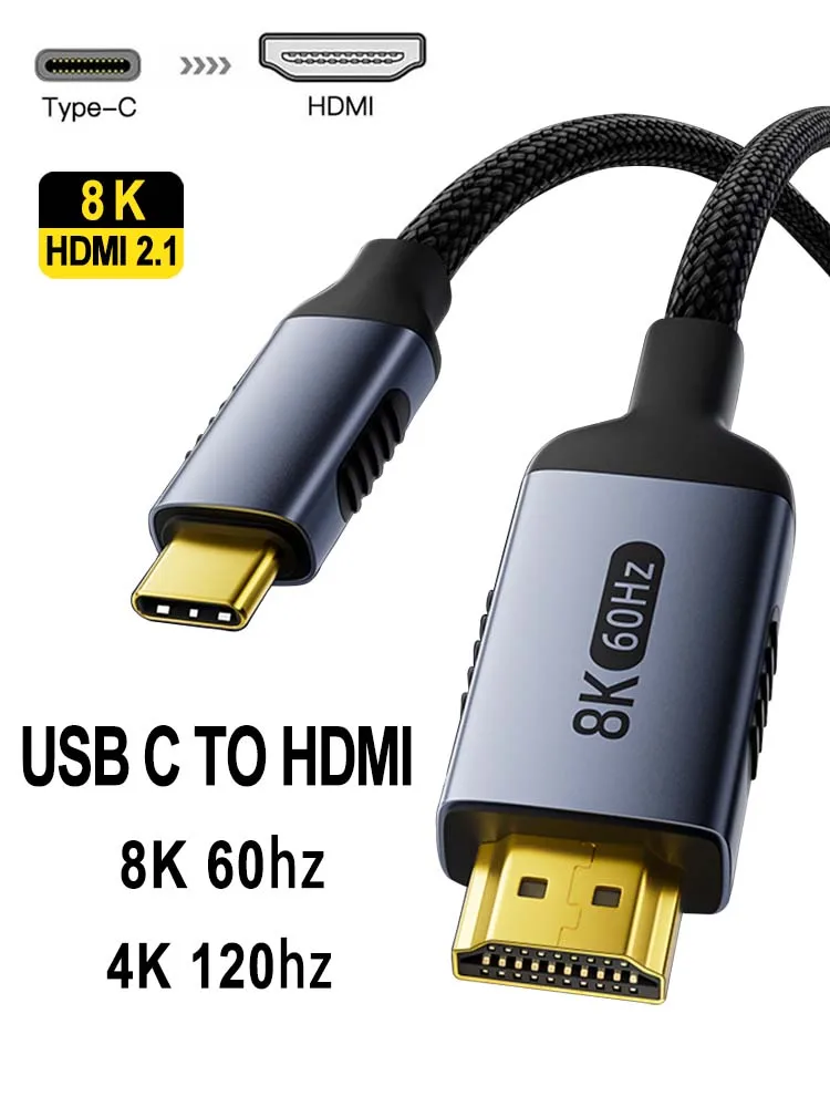 8K USB C To HDMI 2.1 Cable 8k@60hz 4K@120hz Type C HDMI Cables HDMI-Compatible  Converter Adapter For Thunderbolt 3/4 Laptop TV