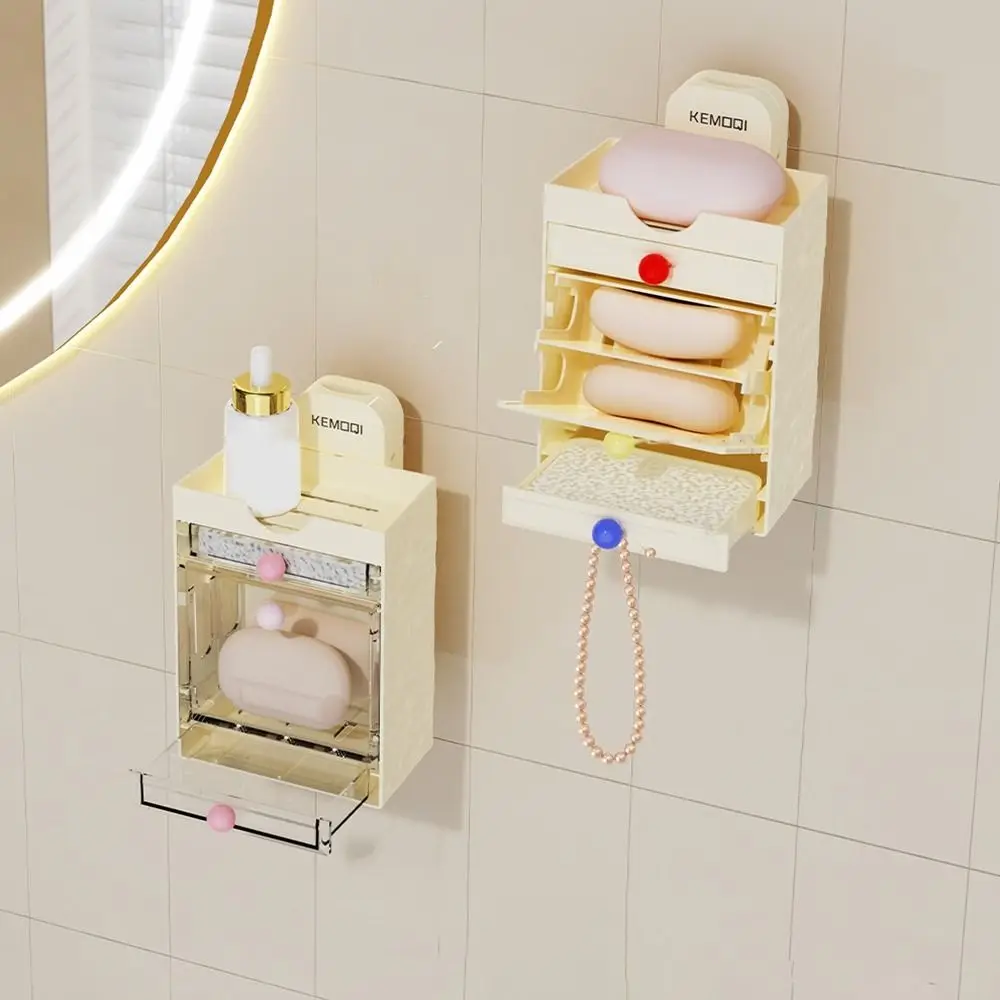 

Plastic Suction Cup Soap Dish Flip Reusable Multi-layer Soap Holder Waterproof with Drainage Box Soap Storage Case Bathroom