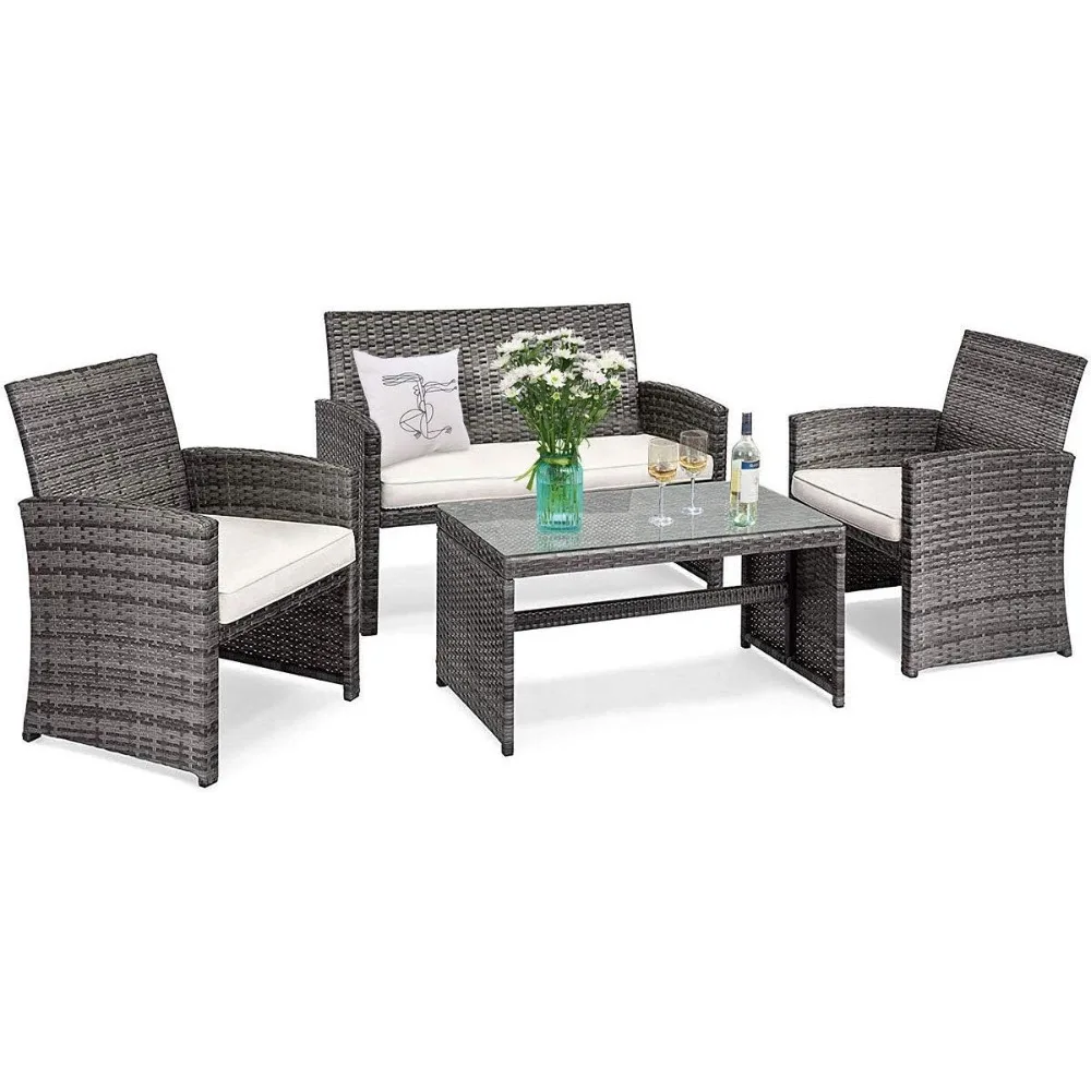 4 PCS Wicker Patio Conversation Set, Outdoor Rattan Sofas with Table Set, Patio Furniture Set with Soft Cushions & Tempered