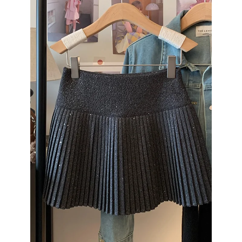 

iny Sequin Woolen A-Line Skirt Women's Autumn Winter New High Waist Pleated Skirt Sparkling Starry Night Skirt