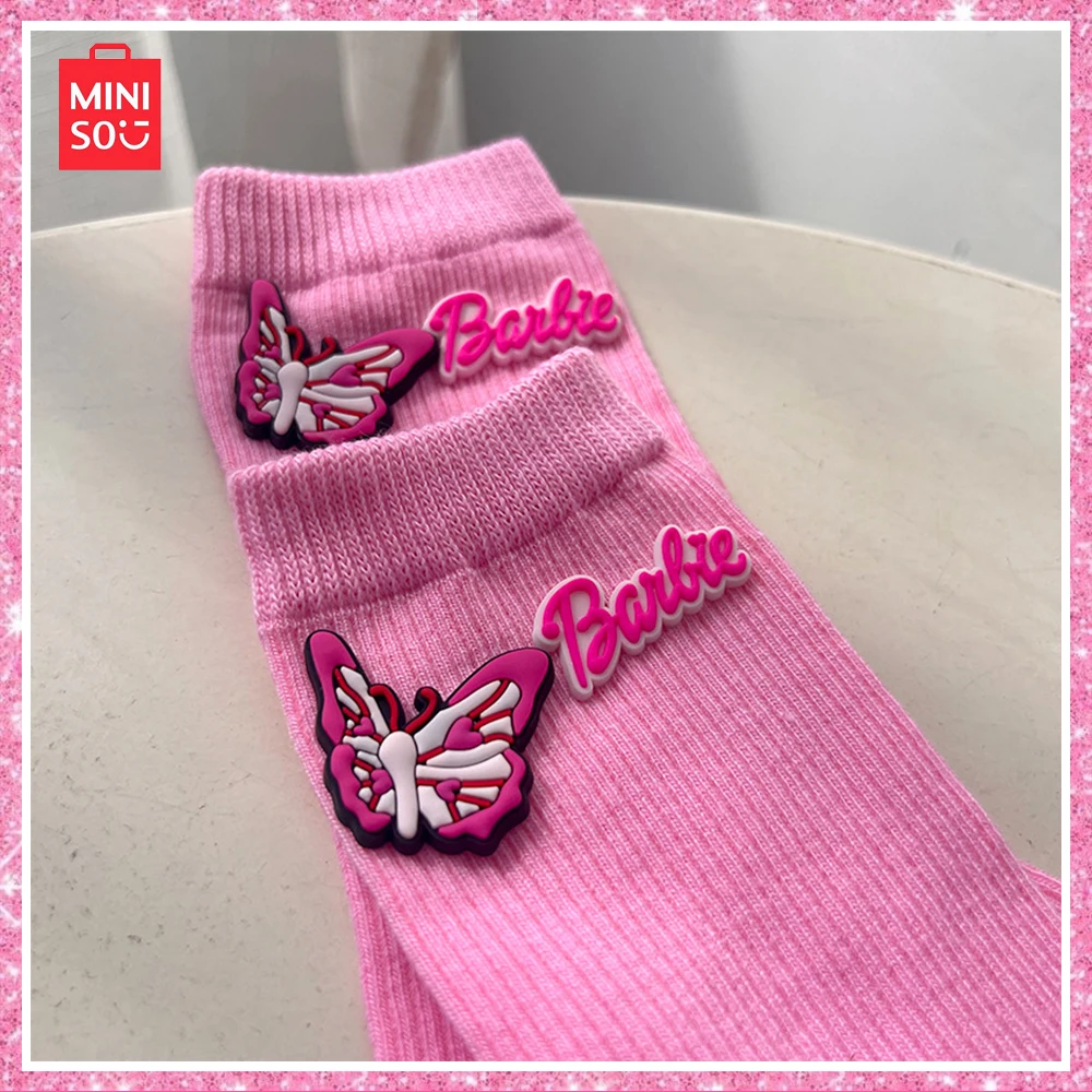 Miniso Barbie Pink Heart 3D Filled Cotton Knitted All Seasons Socks Kawaii Colorful Mid-Calf Socks Girls Birthday Gift