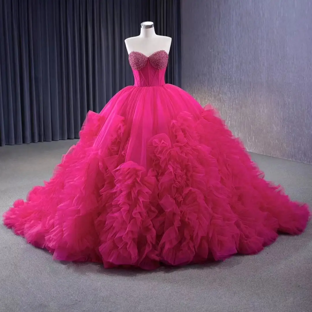 Fuchsia Charro Quince anera Kleider Ballkleid Schatz Tüll Rüschen Perlen geschwollene mexikanische süße 16 Kleider 15 Anos