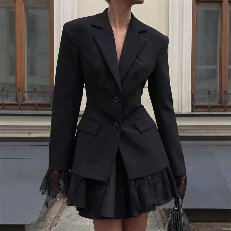 

Кружевной блейзер с поясом, накладными карманами и кружевными вставками, элегантный осенний костюм для офиса, вечеринок и свиданий для женщин