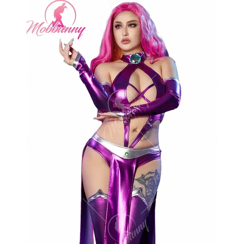 

Mobbunny Women Sexy Lingerie Outfit Purple Halter Cutout Bodysuit with Sleeves Stockings Cosplay Costume for Halloween Parties