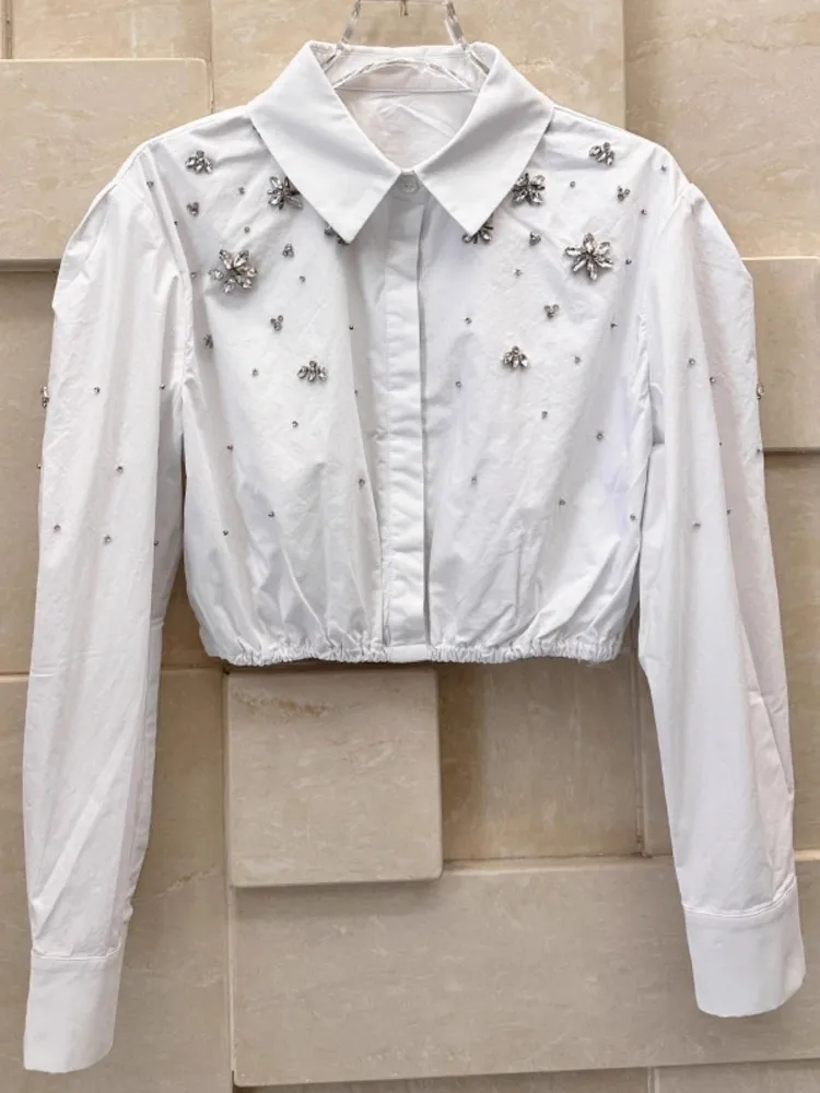 Sweet Preppy Style Spring Summer Solid Color Women Long Sleeve Diamonds Short Shirt High Waist A-Line Skirt Ladies Two Piece Set