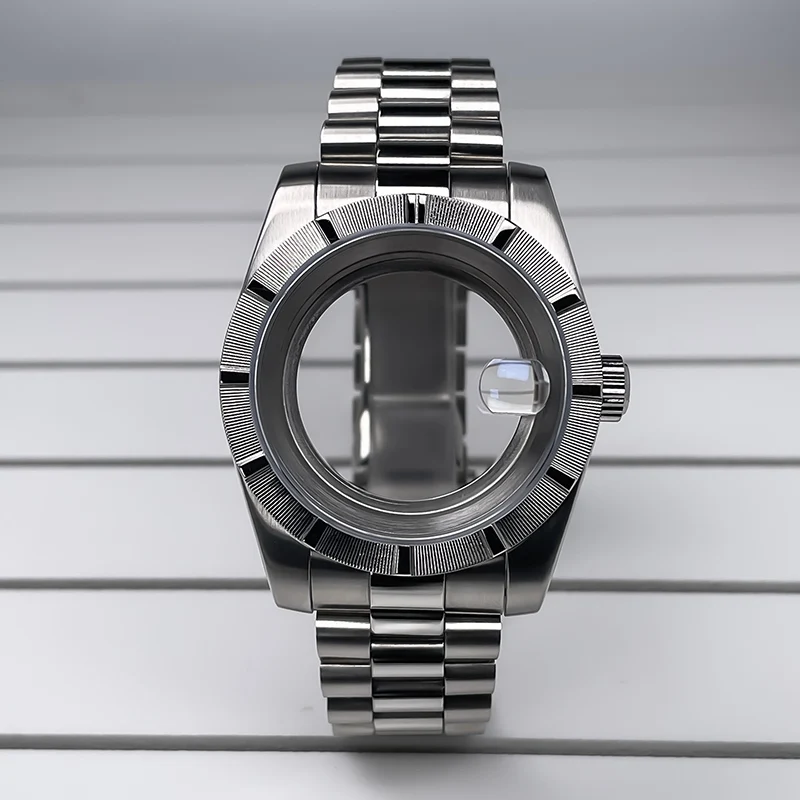 39mm NH35 Case Silver Stainless Steel Sapphire Glass Striped Bezel Watch Case for NH35 NH36 Movement SK Mod Replacement Parts