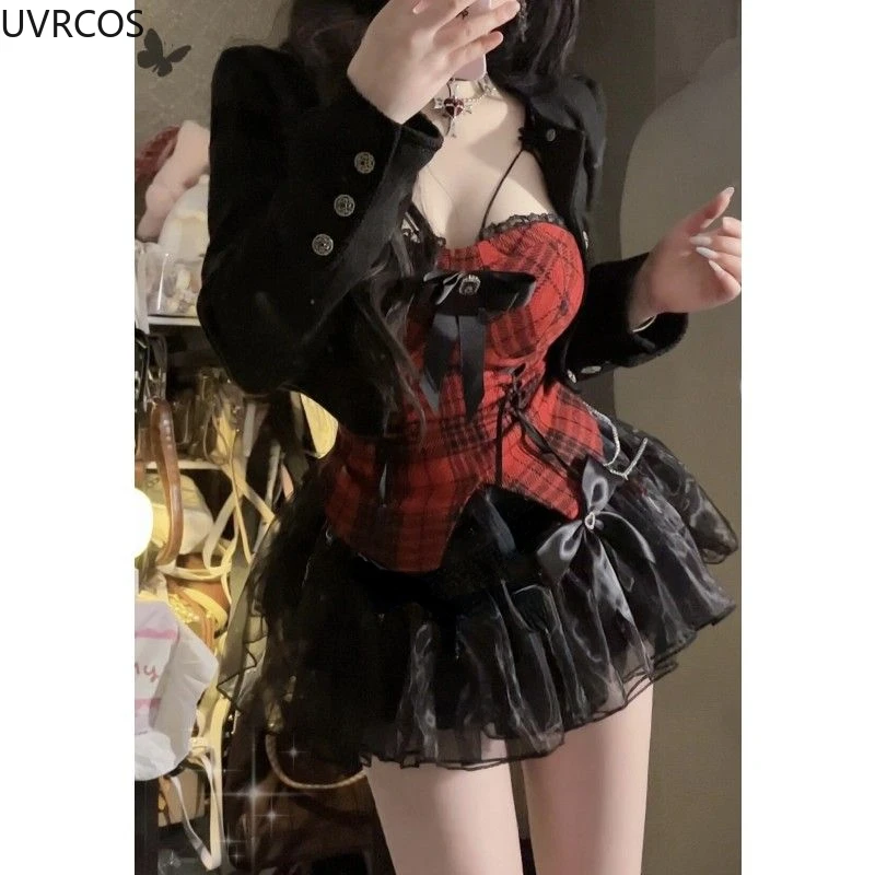 Gothic Y2k Lolita 3 Piece Set Women Sexy Bow Plaid Vest Short Jackets Mesh Mini Skirts Female Japanese Fashion Punk Outfit 2024