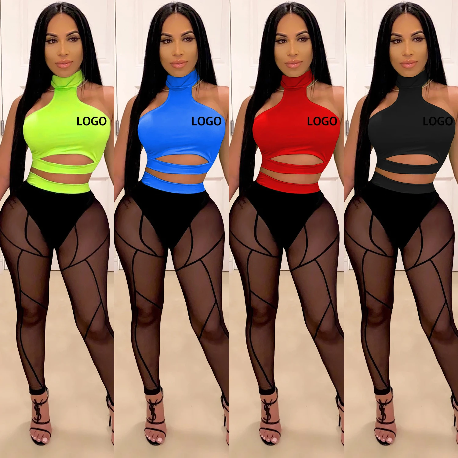 

Night club new two piece sexy sets for women sleeveless plain halter hollow out crop top with see through skinny pants lady set