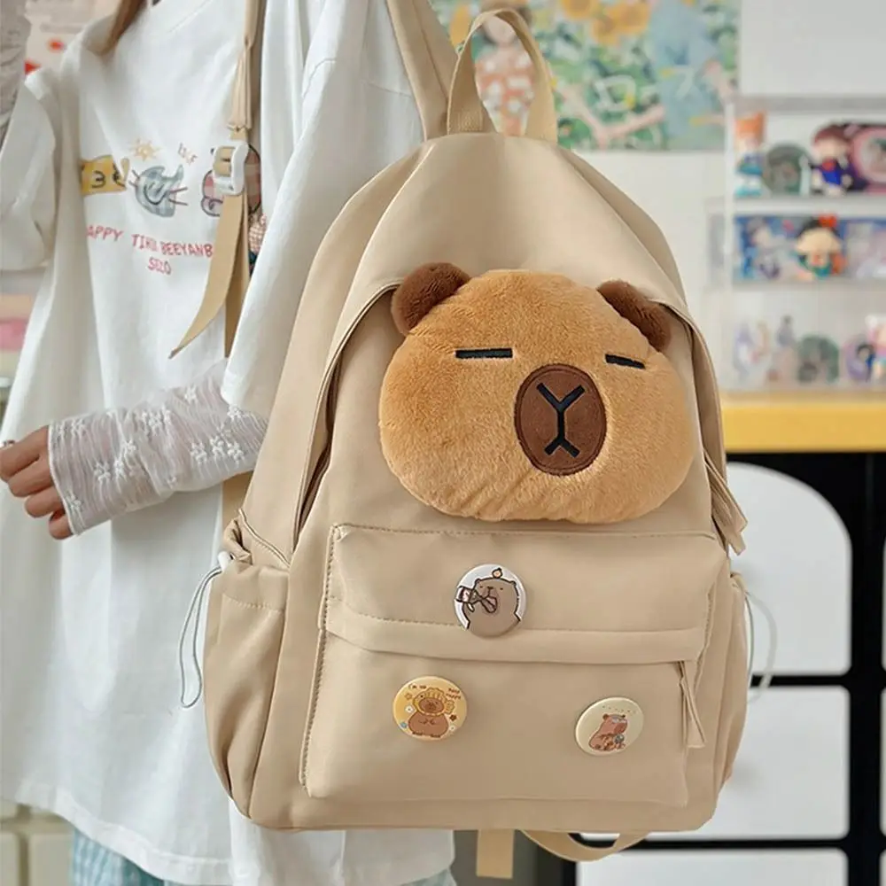 

Large Capacity Capybara Backpack Nylon Adjustable Shoulder Straps Cartoon School Bag Multi-pocket Water Resistant