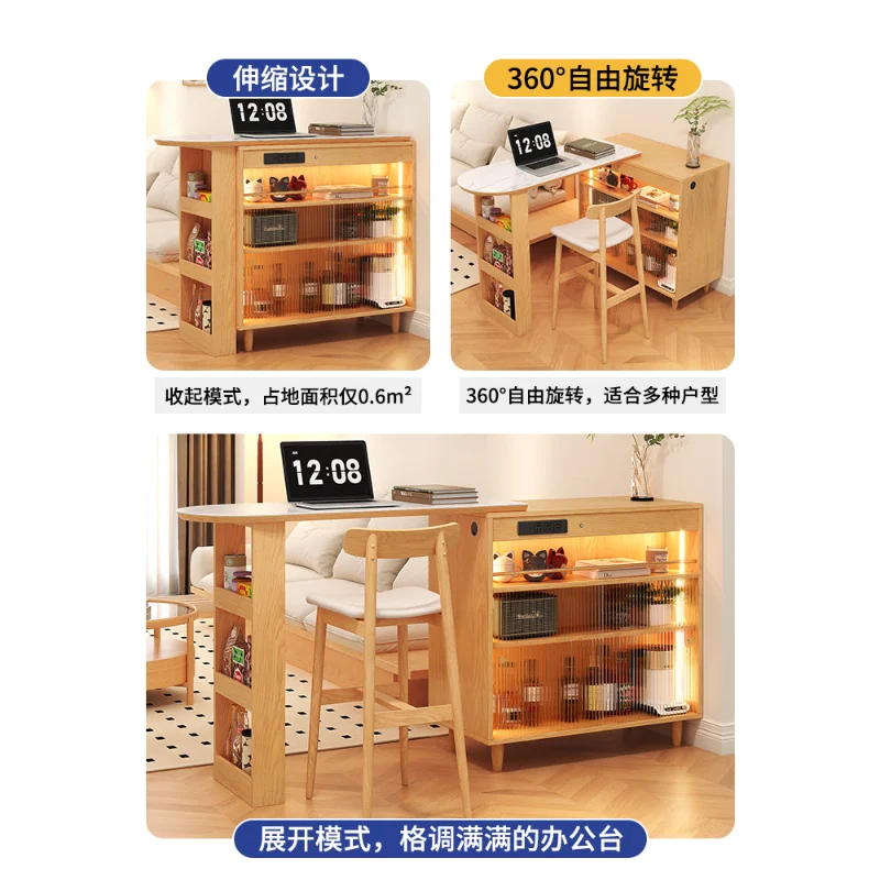 Japanese solid wood slate bar sideboard integrated household living room partition movable retractable storage table small