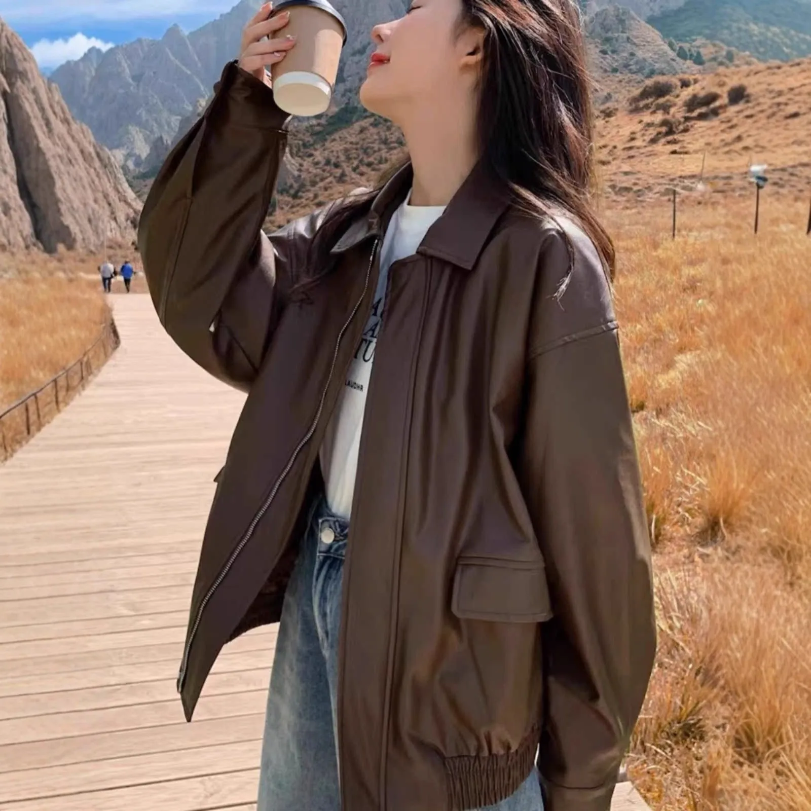 

Retro Brown Leather Jacket Women's Stylish Korean Style Casual Fashion Small Size Jacket Coat Long Sleeve Zipper Closure