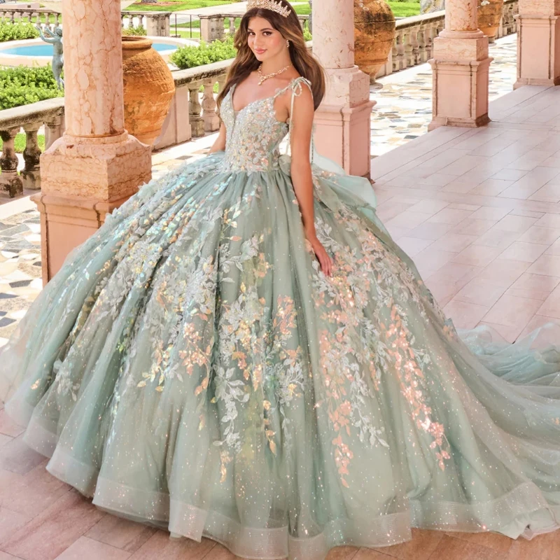 

Sparkly Sage Green Quinceanera Dresses Ball Gown Sequin Lace Applique Beading Tull Party Birthday Corset Sweet 16 Dress Vestidos