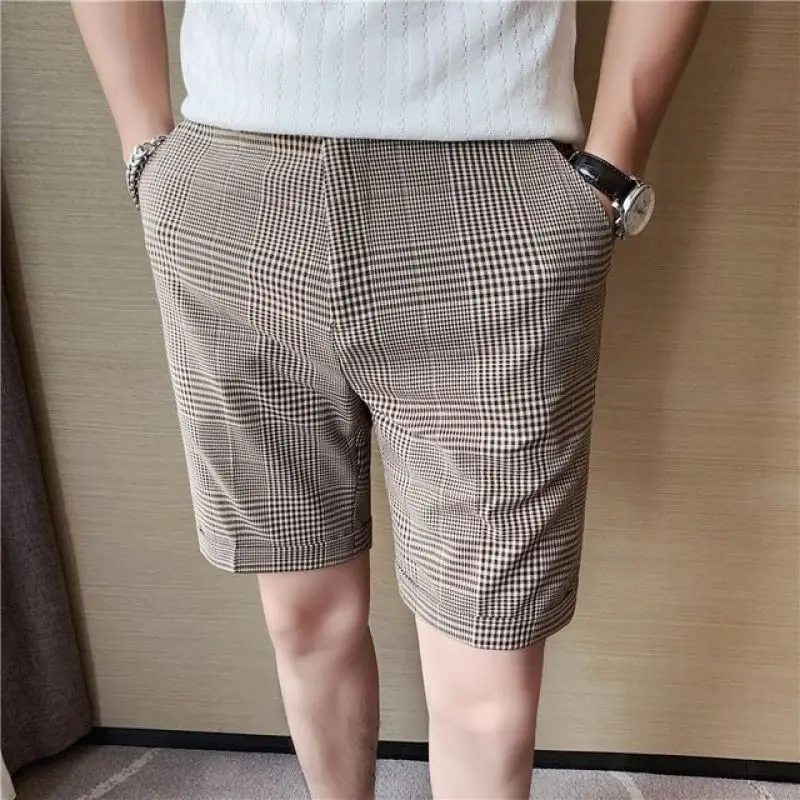 2024 Zomer Mode Britse Stijl Hoge Taille Slim Fit Duizend Vogel Raster Bedrukt Met Knoop Zak Casual Losse Knielengte Korte Broek