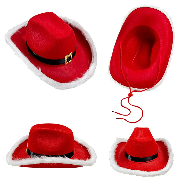 Bulk discount-Fashion Red Cowboy Hat Christmas Party Cap, Feather Gold Buckle Faux Fur Trim French Jazz Fedora