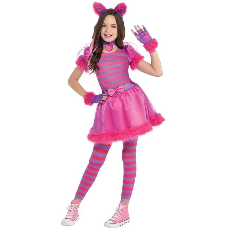 Pink And Purple Wonderland Child Cute Alice Cat Animal Halloween Fancy Dress Up Girls Cheshire Cat Costume