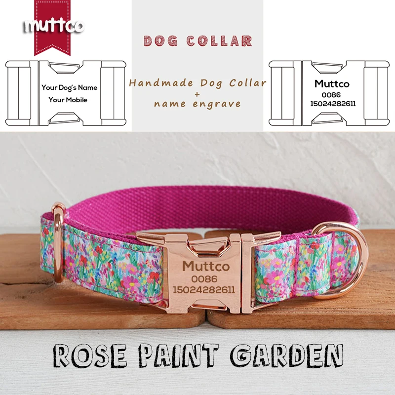 

MUTTCO engraved metal buckle collar ROSE PAINT GARDEN personalized dog ID tag collar 5 sizes nameplate anti-lost supply UDC202