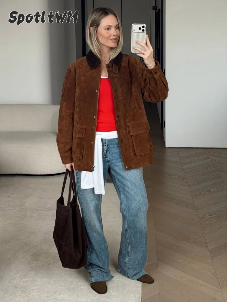 Women Suede Midi Jacket Vintage Corduroy Collar Oversized Brown Cargo Pocket Button Up Casual Lady Coat Fall Winter Outerwear