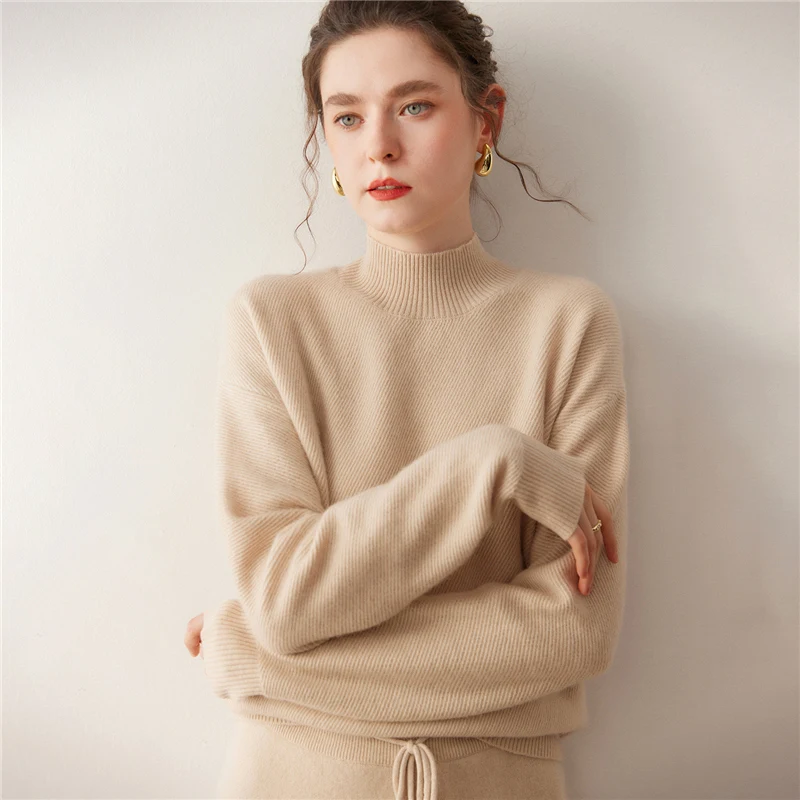 Casual Loose Mock Neck 100% Cashmere Knitted Fashion Soft Minimalist Hem Design Women's Pullovers Thick Gentle Sweater