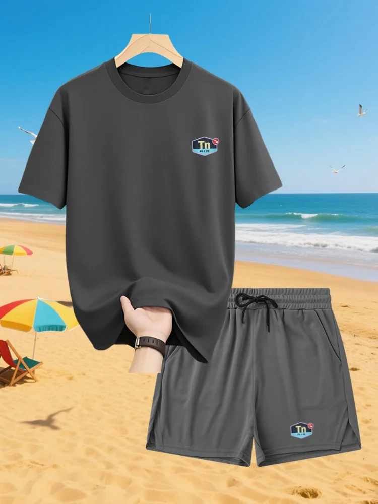 شورت تي شيرت شبكي صيفي للرجال، رياضي، ترفيهي، فضفاض وعصري Tn RIR مطبوع بأكمام قصيرة، بدلة سريعة الجفاف