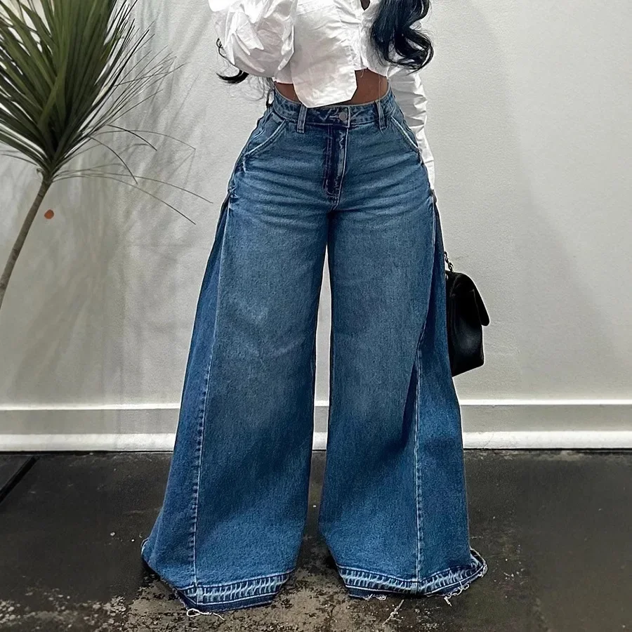 

New High Waist Water Washing Casual American Y2K Vintage Pants with a Patchwork Design Blue Washed Denim Long Pants Baggy Jeans