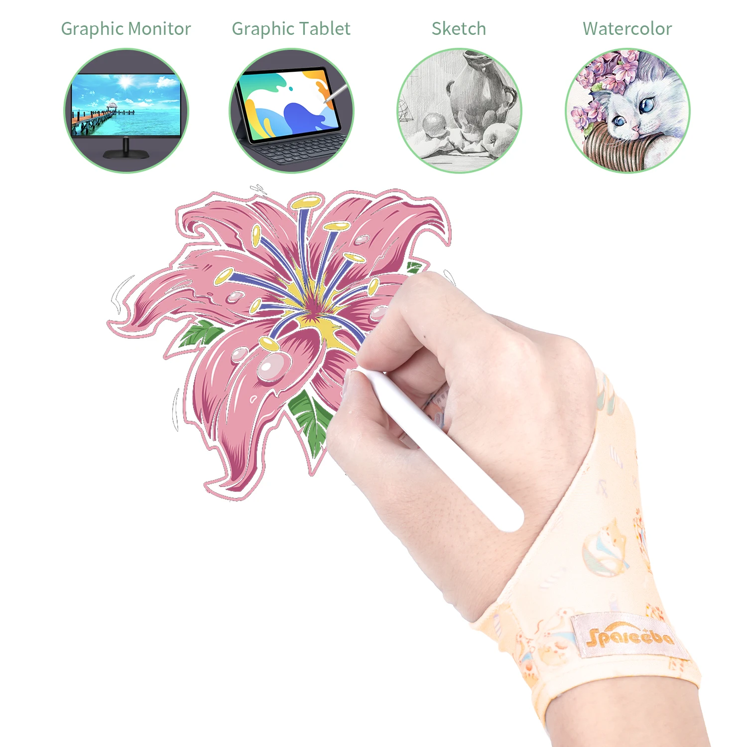 Cute Two-finger Glove for Ipad/Graphics Drawing Tablet HUION / WACOM/XP-PEN, Sweat-proof Glove for sketching Paiting Art Student