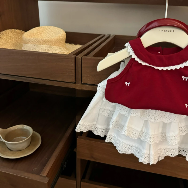 Baby Girl 2025 New Spring Summer Fashion Korean Red Bow Embroidered Vest Hollow Cake Skirt Pants Set