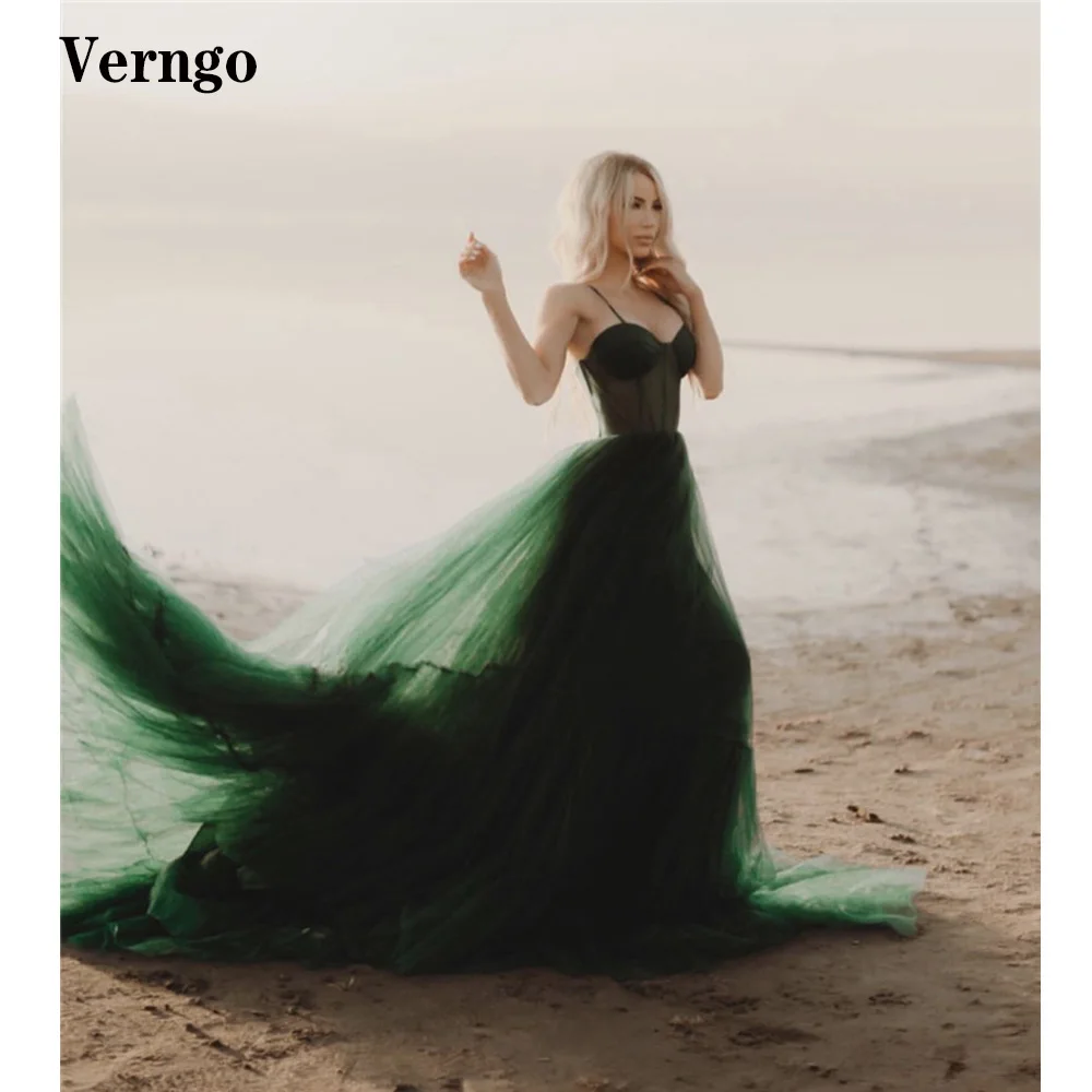 

Verngo Spaghetti Straps Green Tulle Long Prom Dresses Sweetheart Bones Tiered Skirt Long Sweep Train Beach Evening Gowns