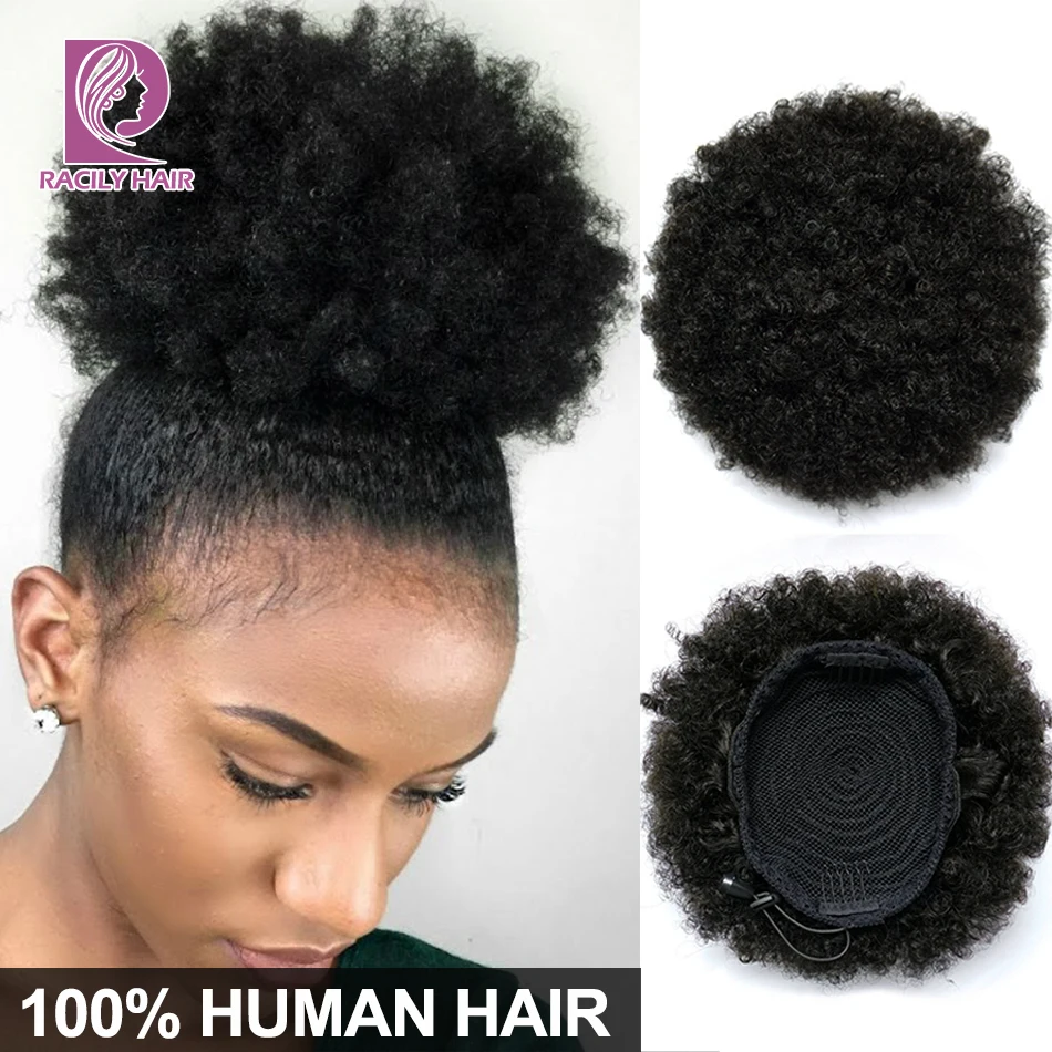 Racily Hair Afro Puff Drawstring Ponytail Human Hair Brazilian Short Curly Drawstring Ponytail Afro Puff Bun Chignon Accessories