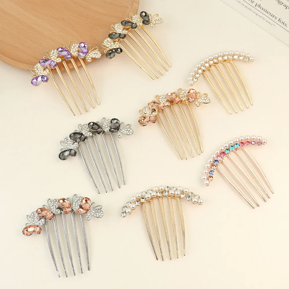 Women Pearl Crystal Hair Comb Fashion Rhinestone Decorative Hair Card Headwear Girls\' Hair Accessories