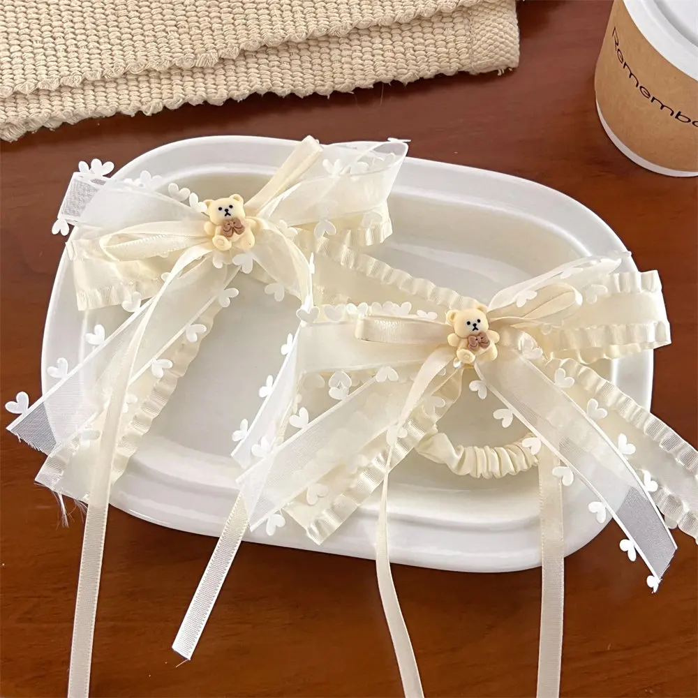 

Double Layer Ponytail Bowknot Hair Rope Milk White Bear Mini Heart Cute Bow Hair Clip Barrtte No Harm Duck Billed Clip