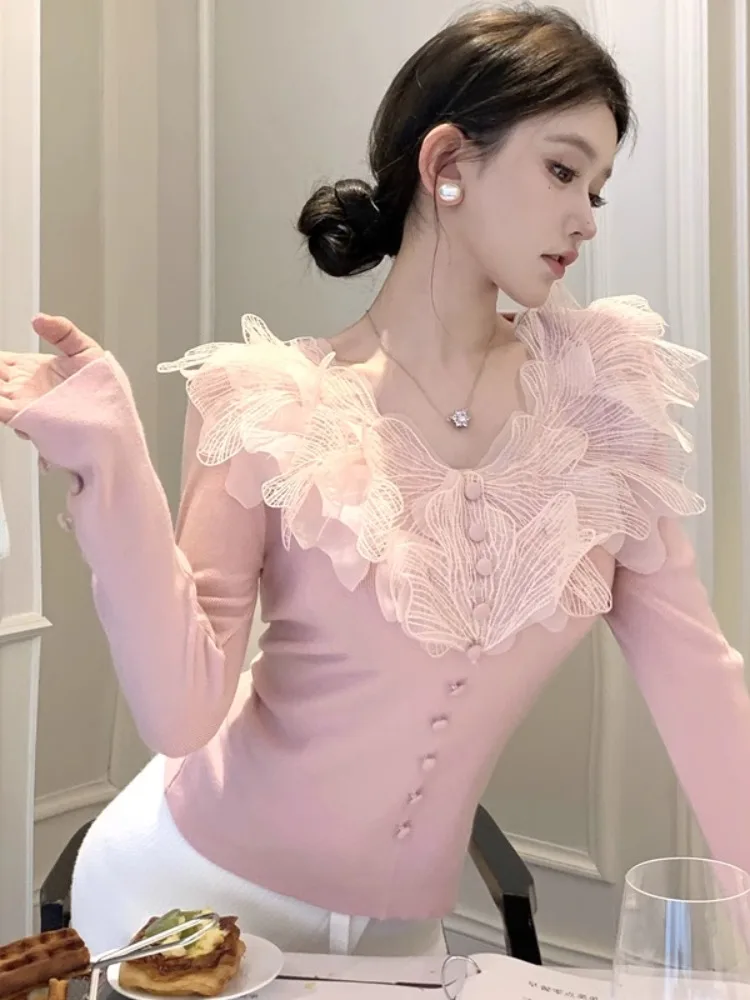 

Elegant V-Neck Long Sleeve Knitted Sweater Women's Lace Splicing Pink Waist-Cinching Slim Fit Pure Desire Top