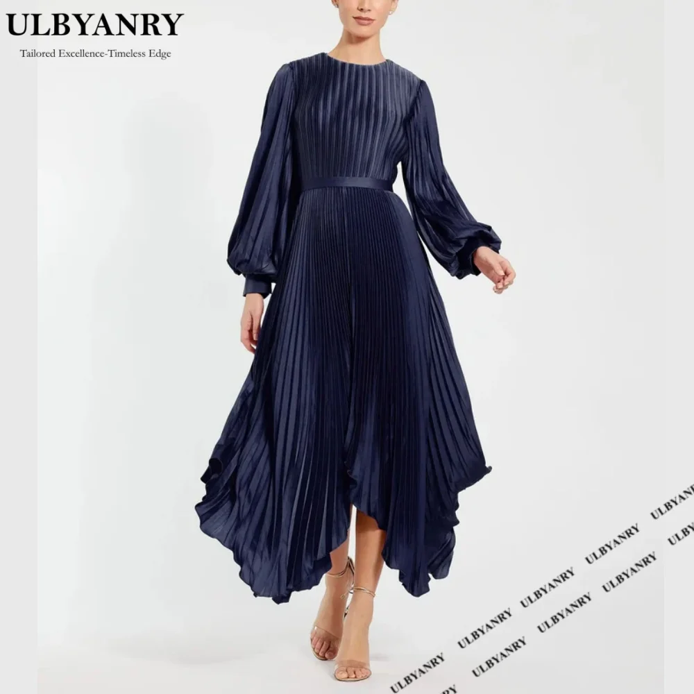 ULBYANRY Fashionable Pleate Satin Lantern Sleeve Party Dress Elegant Solid O-neck Prom Dress Customized Asymmetrical Midi Dress
