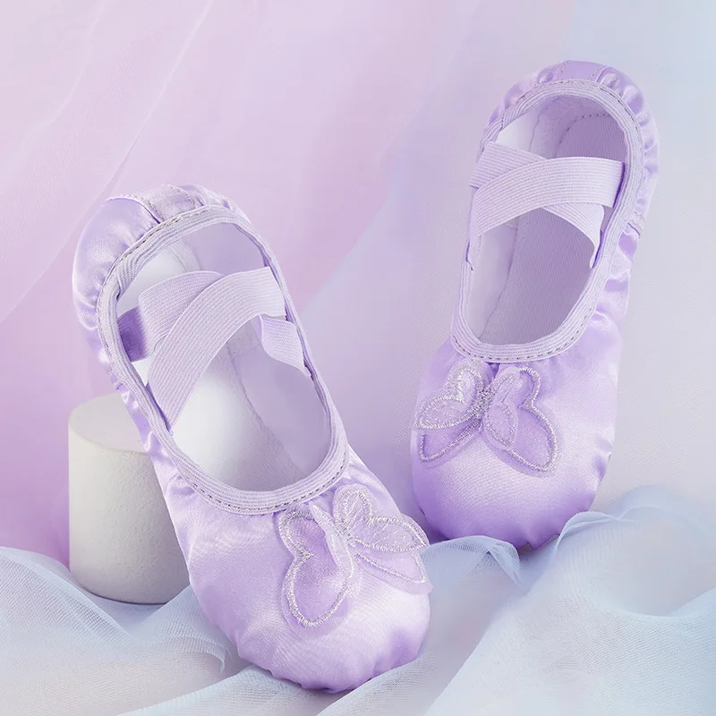 New Children\'s Ballet Shoe Girls\' Soft-soled Practice Dancing Princess Satin Embroidered Butterfly Shape Training Shoes