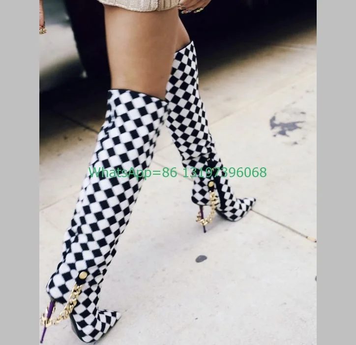 

Lady Black White Checkered Purple Heel Boots Gold Chain Stiletto Heel Pointed Toe Boots Fashion New Arrive Sexy Over Knee Boots