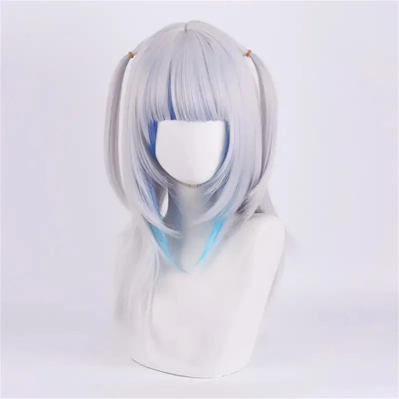

LQWhite Blue Brim Straight Braid Synthetic Wig Virtual Anchor Gawr Gura cosplay Wig Women's Wig