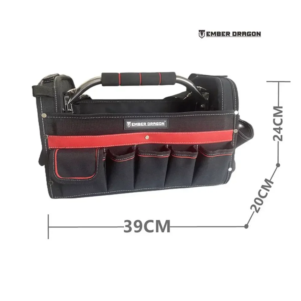 Oxford Cloth Tool Bag Shoulder Heavy Duty Reinforced Strap Pockets with Open Steel Handle Material Electrician Ember Dragon