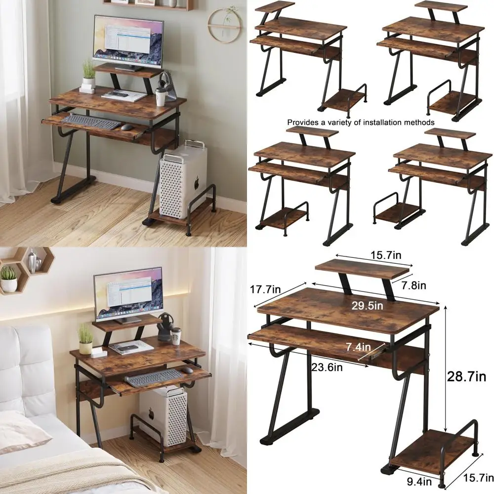 

Compact Ergonomic Desk with Monitor Stand, Rustic Style, Detachable Computer Tower Stand, Adjustable Storage for Home Office
