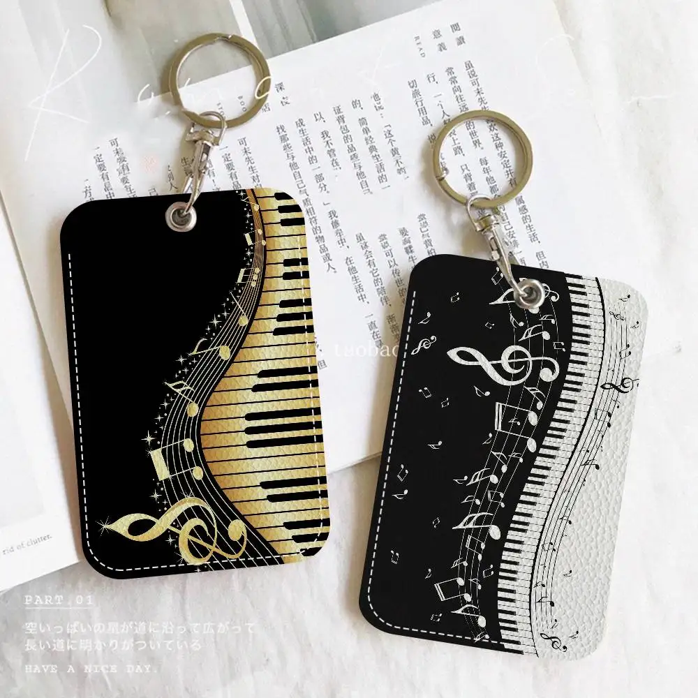 Vintage Cool Music Notes Piano Rectangle ID Card Case Keychain Access Card Bag Key Tag Ring Leather Card Holder Key Ring Access