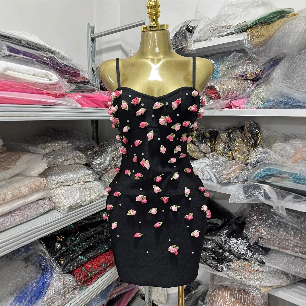 Nuovo abito da sera floreale rosa estivo senza schienale, abito corto nero aderente dalla fasciatura, abito da festa alla moda e lussuoso.-GZXXX370