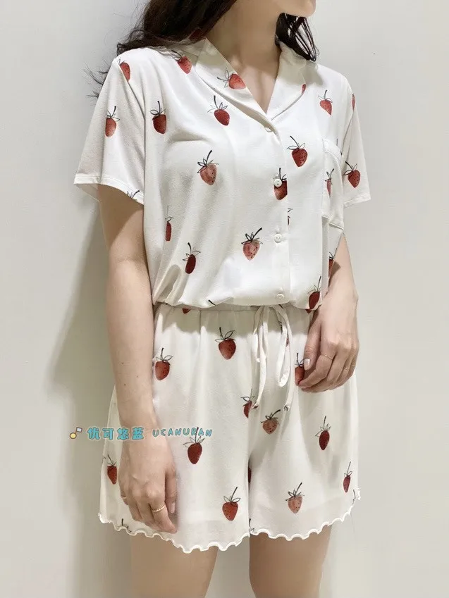 Sales Japan Original  Summer Strawberry Painting Pajamas Cotton Modal Stringy Selvedge Short Sleeve fancy Loungewear